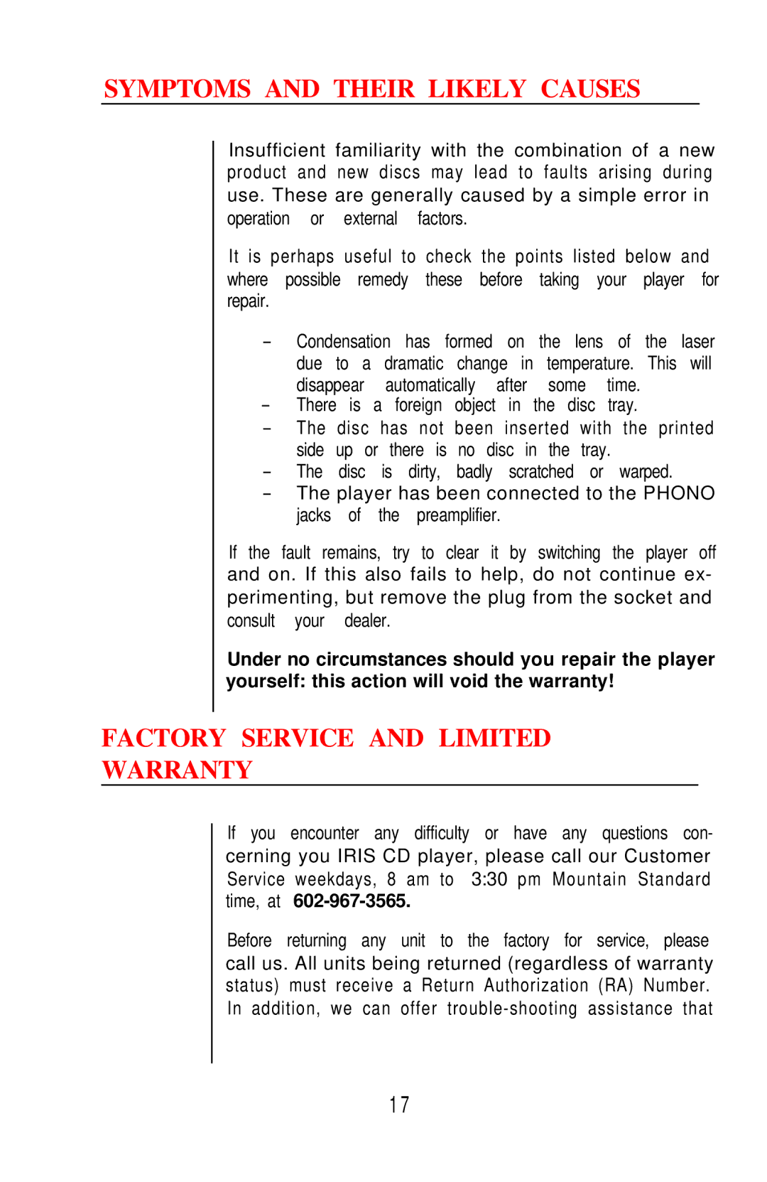 Hafler IRIS COMPACT DISC PLAYER owner manual Symptoms and Their Likely Causes, Factory Service and Limited Warranty 