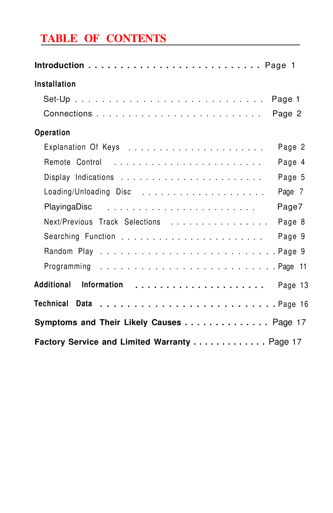 Hafler IRIS COMPACT DISC PLAYER owner manual Table of Contents 