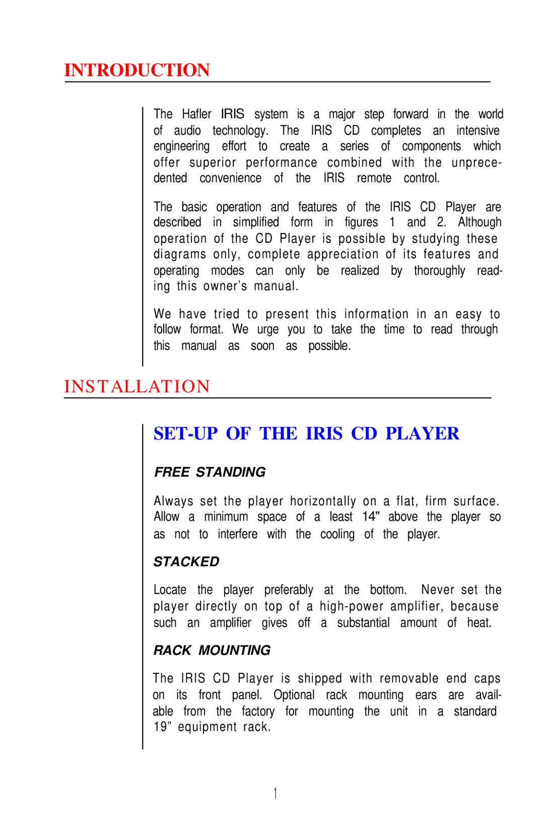 Hafler IRIS COMPACT DISC PLAYER Introduction, SET-UP of the Iris CD Player, Free Standing, Stacked, Rack Mounting 