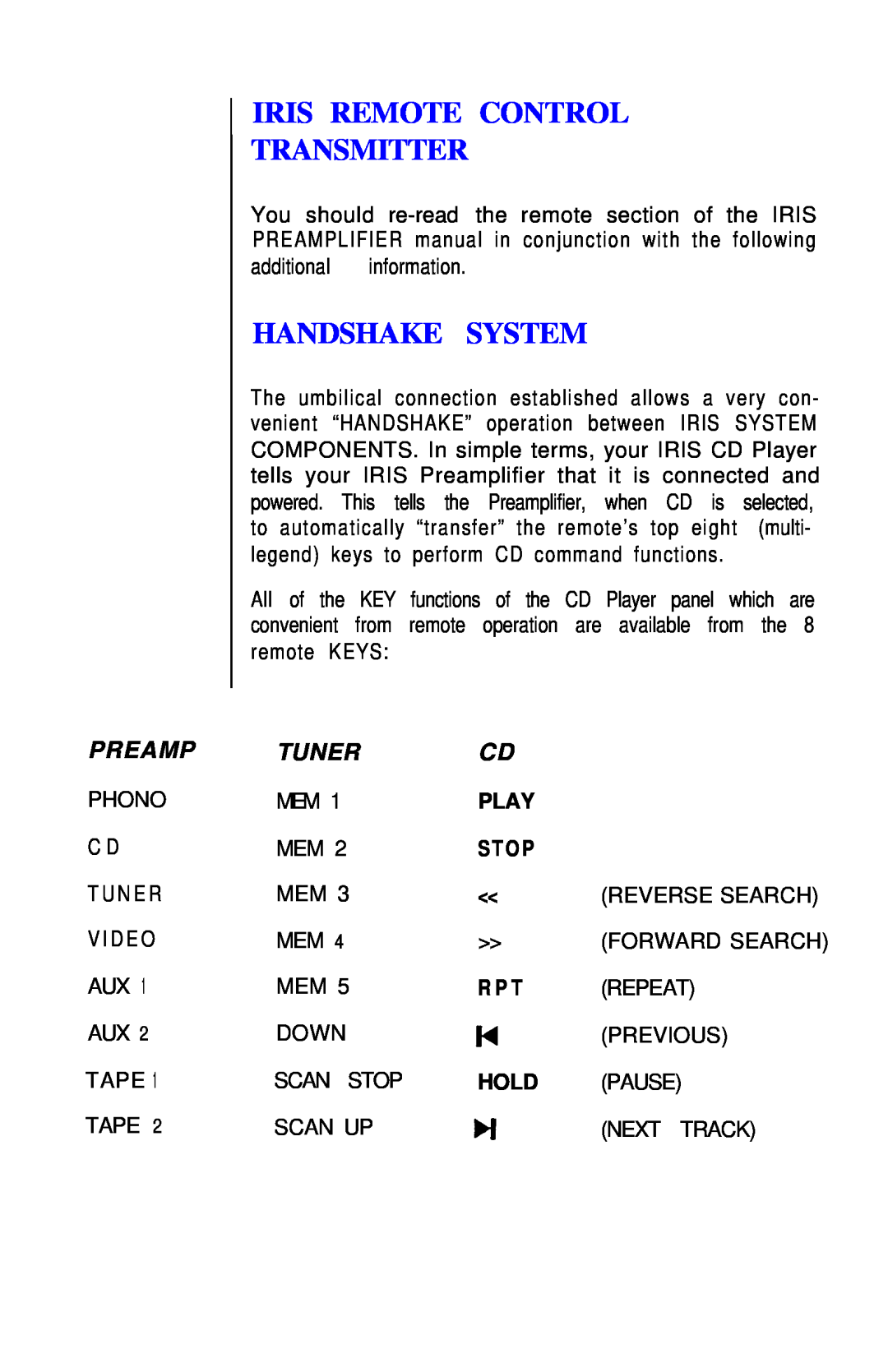 Hafler IRIS COMPACT DISC PLAYER owner manual I Iris Remote Control Transmitter, Handshake System, Preamp, Tuner 