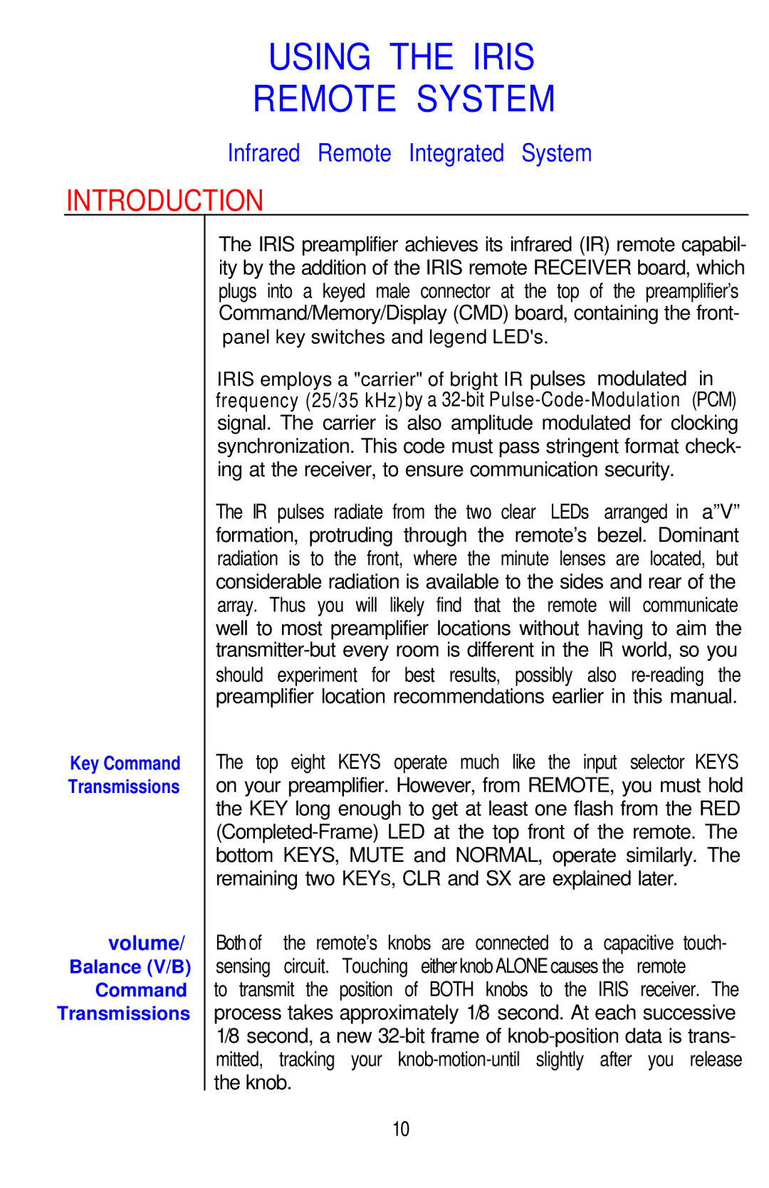 Hafler IRIS manual Volume, Balance V/B Command Transmissions 