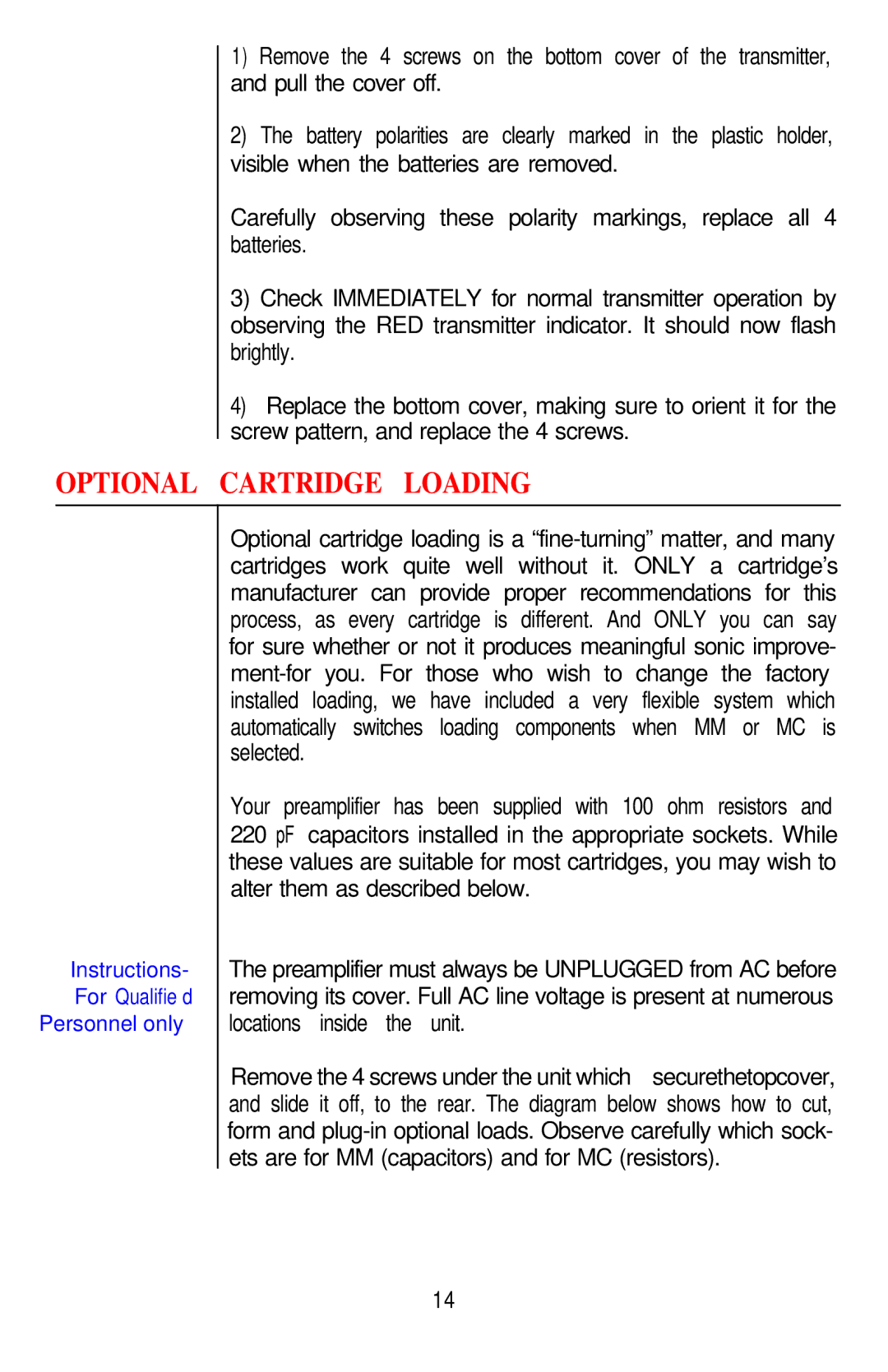 Hafler IRIS manual Optional Cartridge Loading, Instructions 