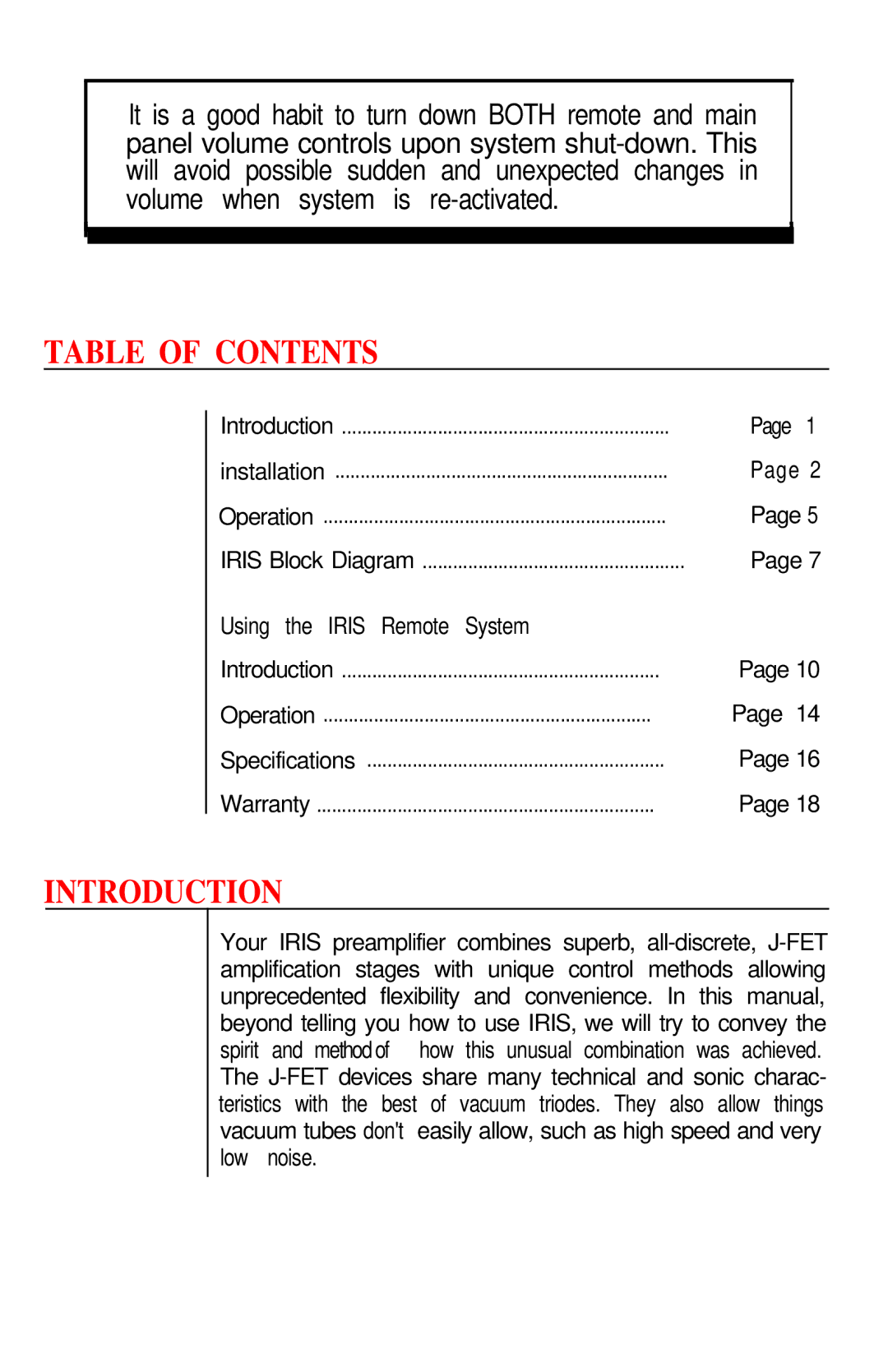 Hafler IRIS manual Table of Contents, Introduction 