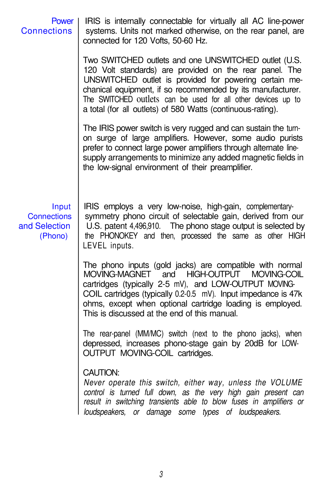 Hafler IRIS manual Power Connections, Selection, Input Connections, Phono 