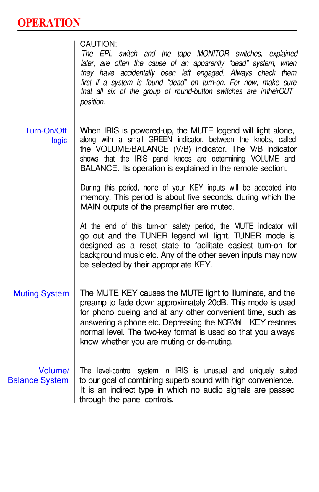 Hafler IRIS manual Operation, Muting System, Volume/ Balance System 