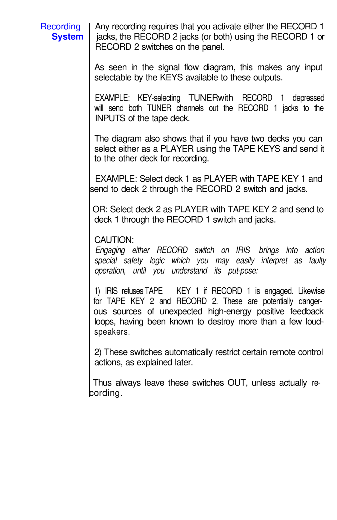 Hafler IRIS manual Recording System, KEY 1 if 