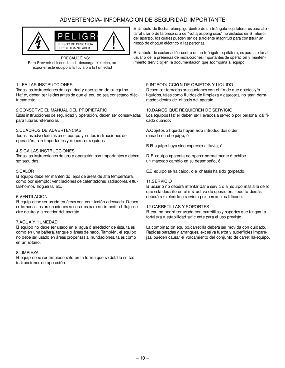 Hafler M5 manual LEA LAS Instrucciones, Conserve EL Manual DEL Propietario, Cuadros DE Advertencias, Siga LAS Instrucciones 