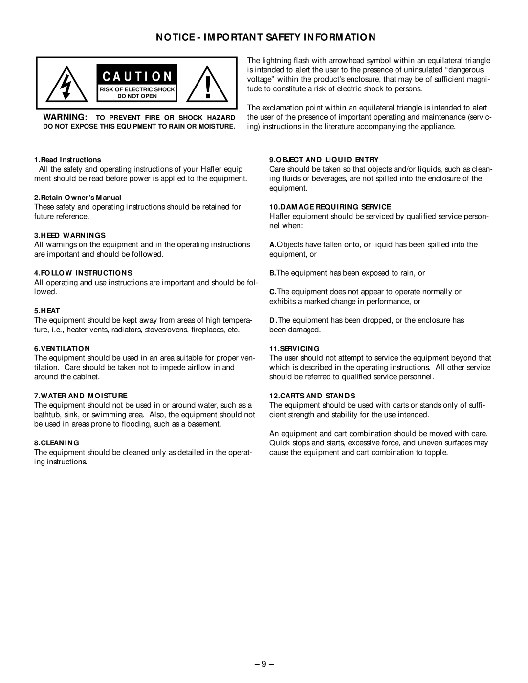 Hafler M5 manual C A U T I O N, Notice - Important Safety Information 