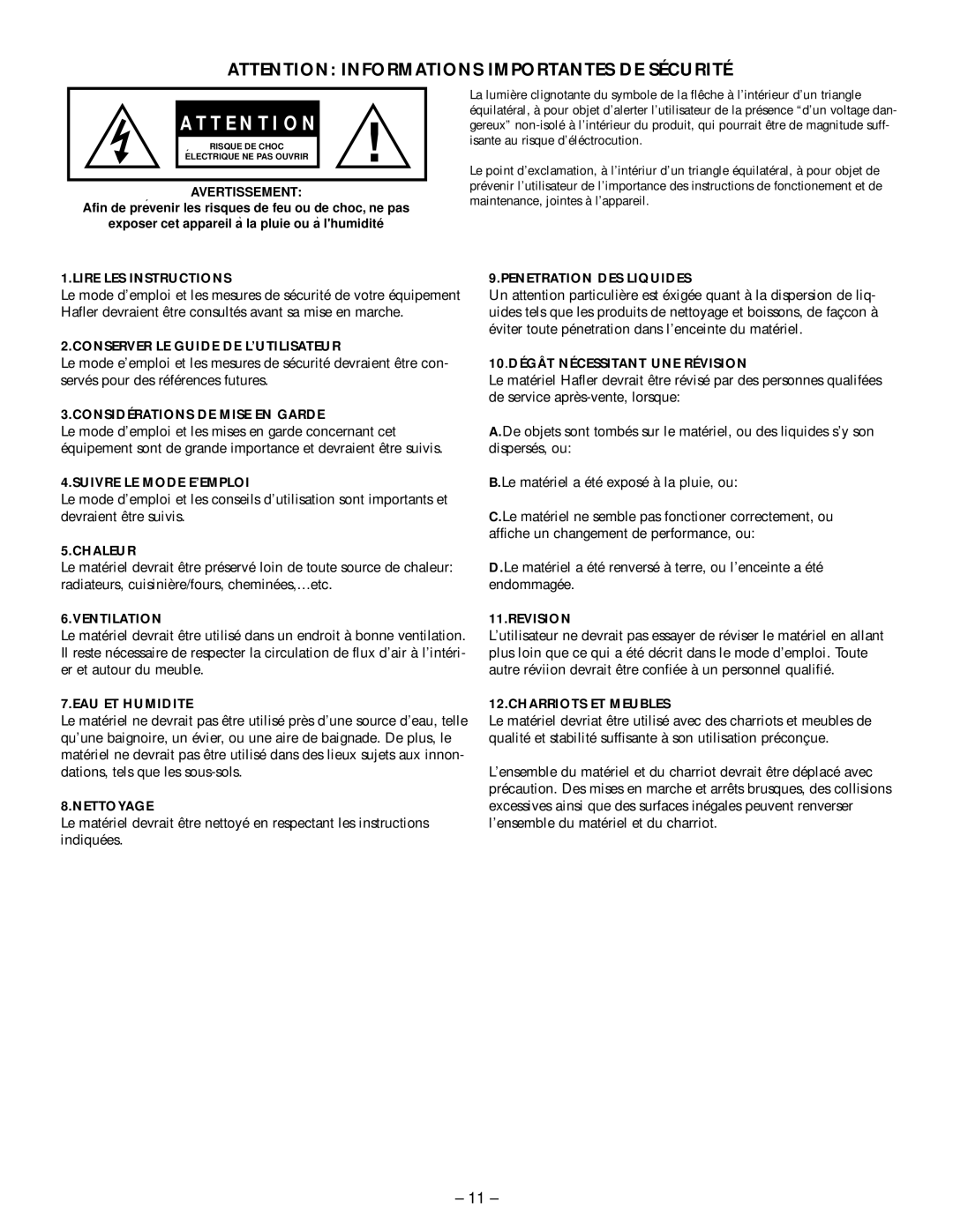 Hafler M5 manual Attention Informations Importantes De Sécurité, A T T E N T I O N 