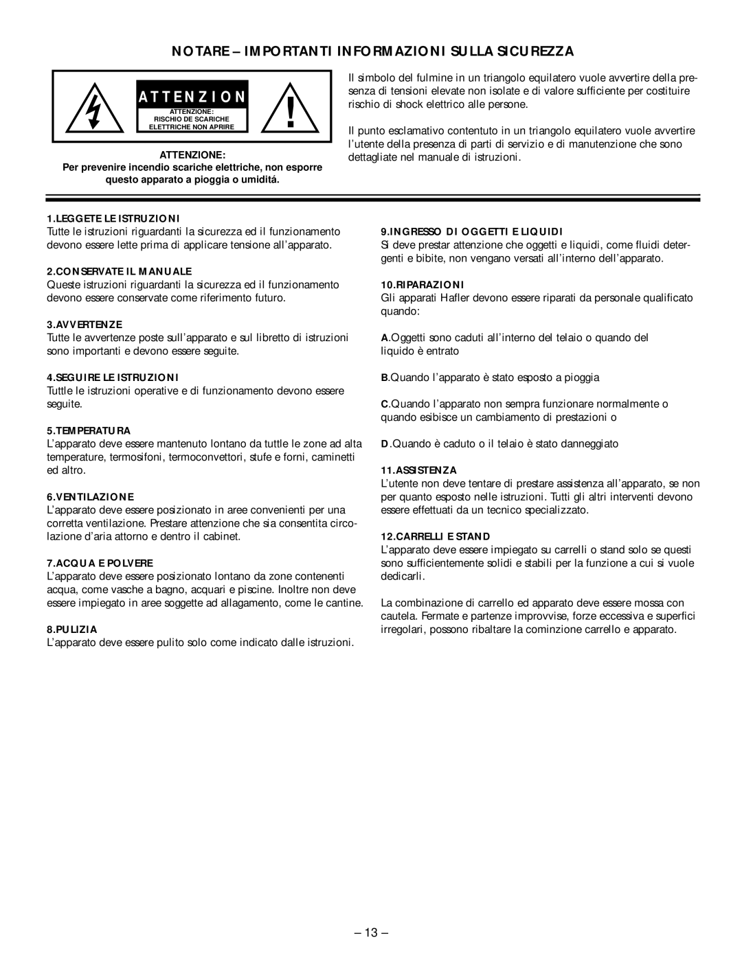 Hafler M5 manual A T T E N Z I O N E, Notare - Importanti Informazioni Sulla Sicurezza 