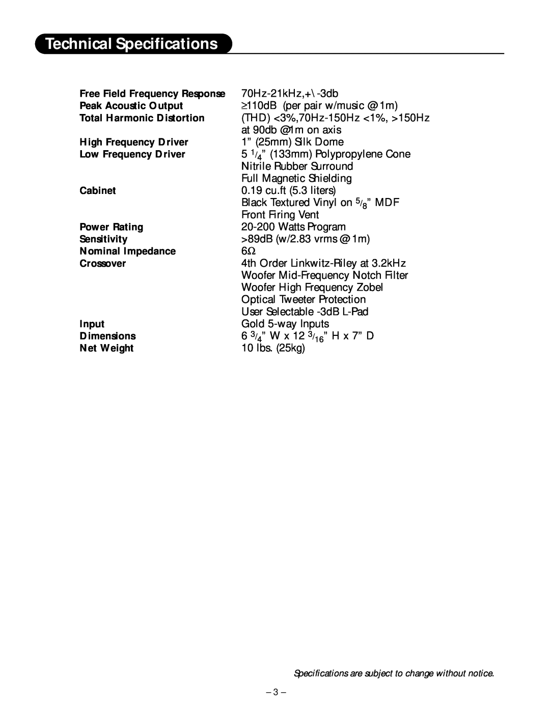 Hafler M5 manual Technical Specifications 