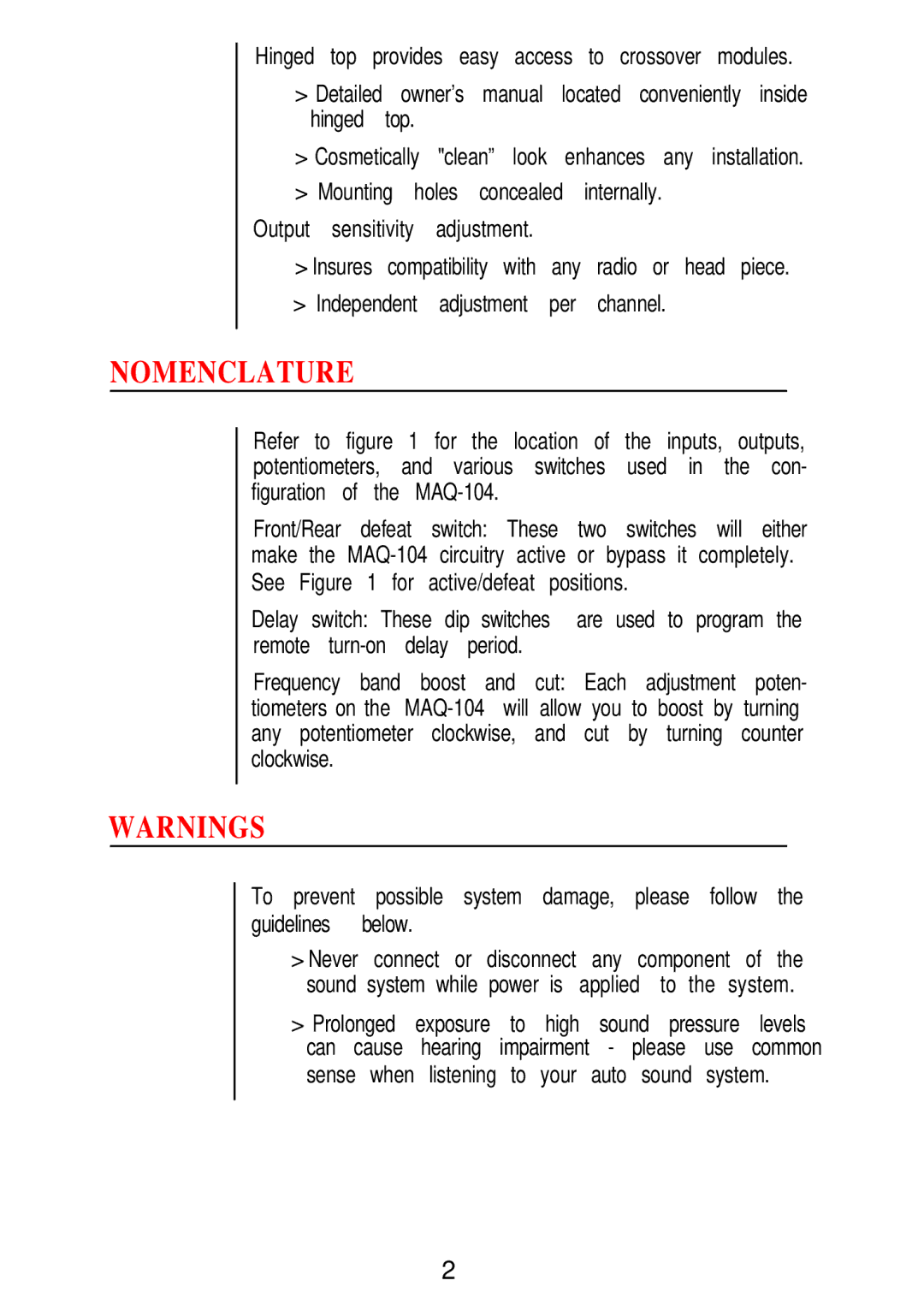 Hafler MAQ-104 owner manual Nomenclature, Remote turn-on delay period 