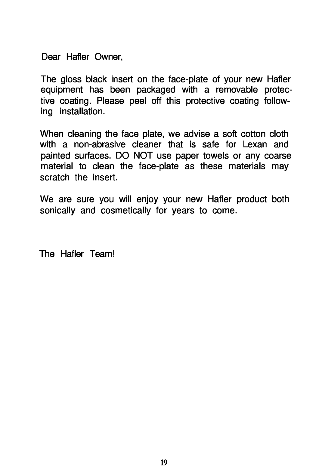 Hafler MAQ-104 owner manual Dear Hafler Owner 