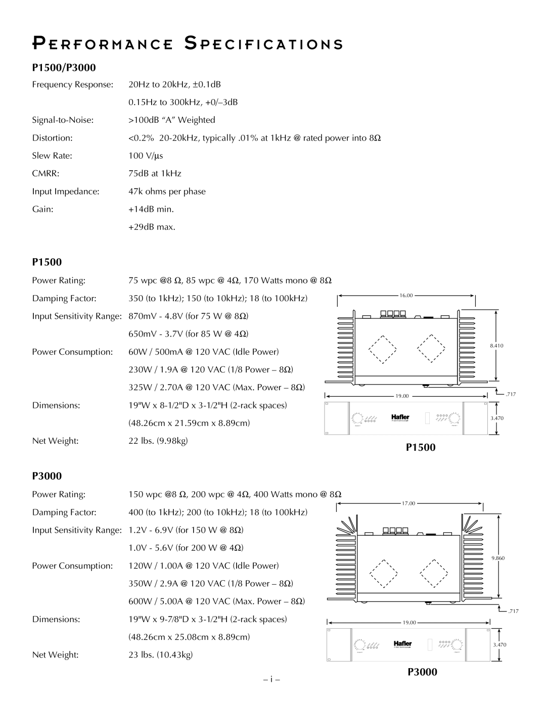 Hafler P3000, P1500 manual R F O R M a N C E Specification S 