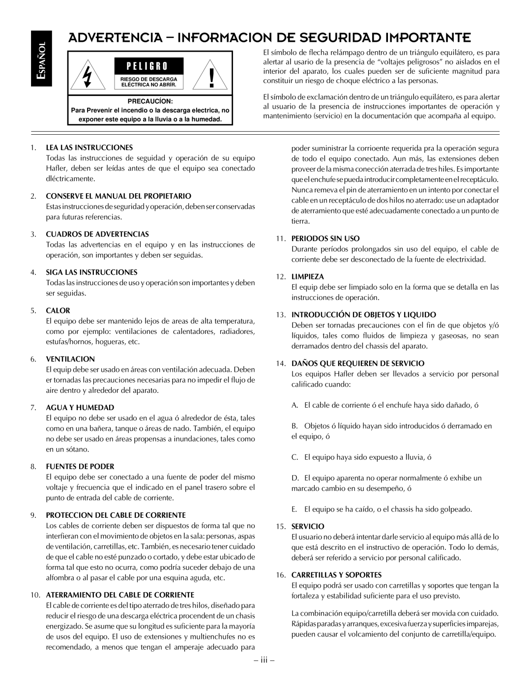 Hafler P3000 LEA LAS Instrucciones, Conserve EL Manual DEL Propietario, Cuadros DE Advertencias, Siga LAS Instrucciones 