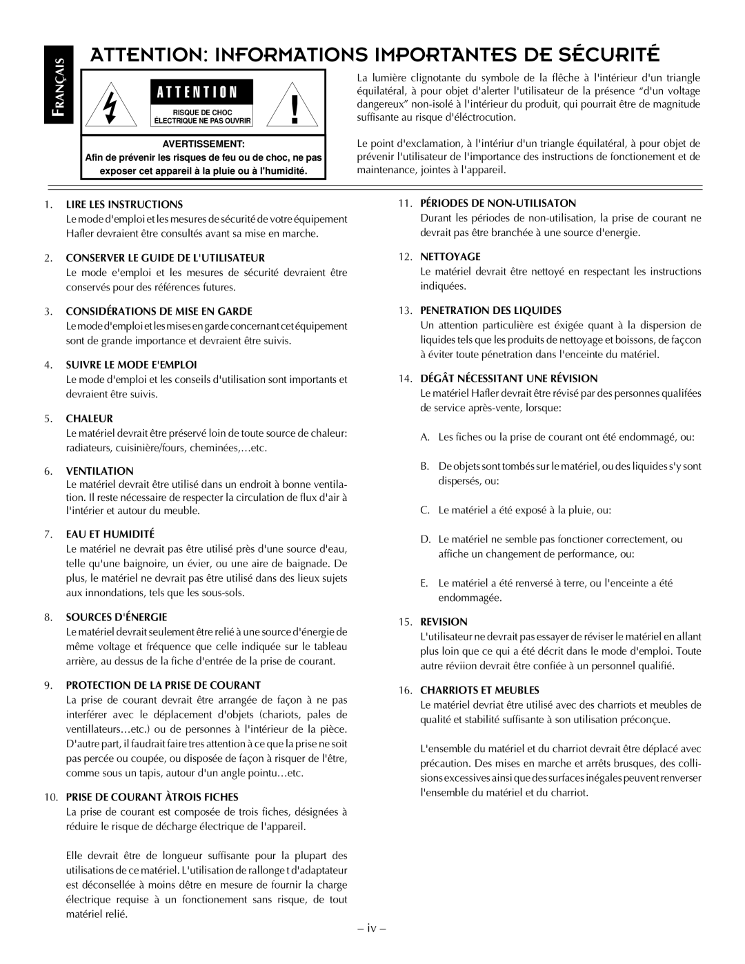 Hafler P1500 Lire LES Instructions, Conserver LE Guide DE Lutilisateur, Considérations DE Mise EN Garde, Chaleur, Revision 