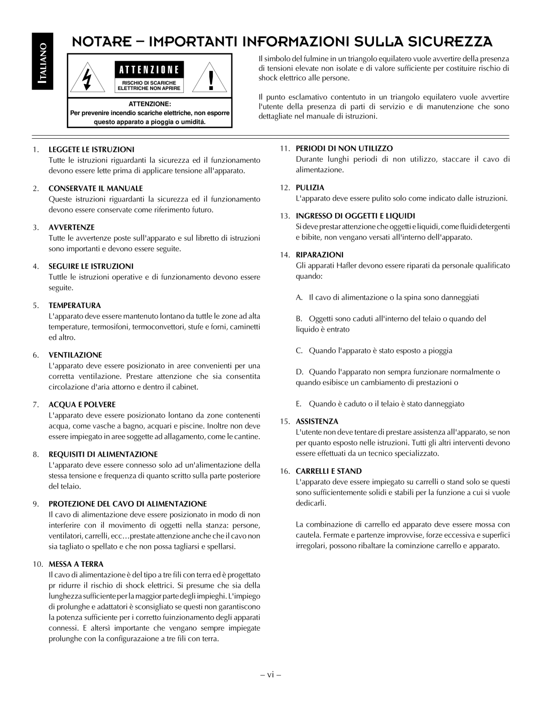 Hafler P1500 Leggete LE Istruzioni, Conservate IL Manuale, Avvertenze, Seguire LE Istruzioni, Temperatura, Ventilazione 