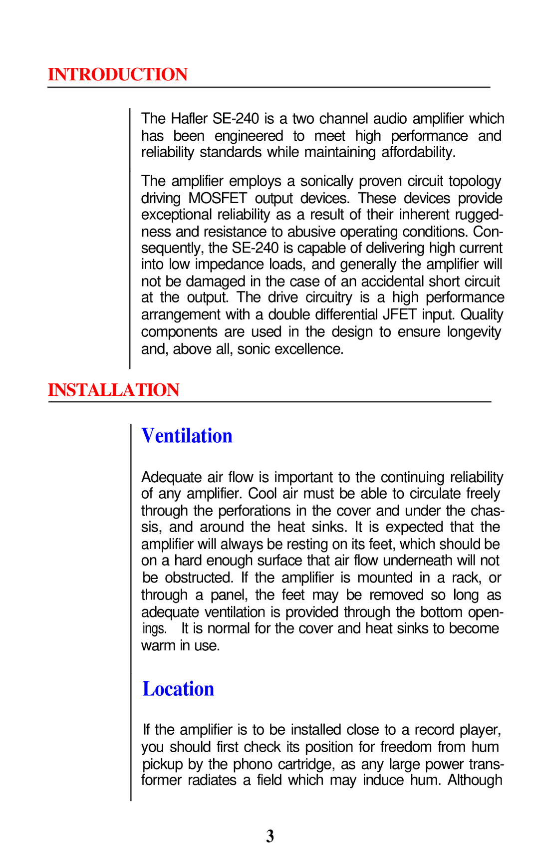 Hafler SE240 owner manual Introduction, Installation 