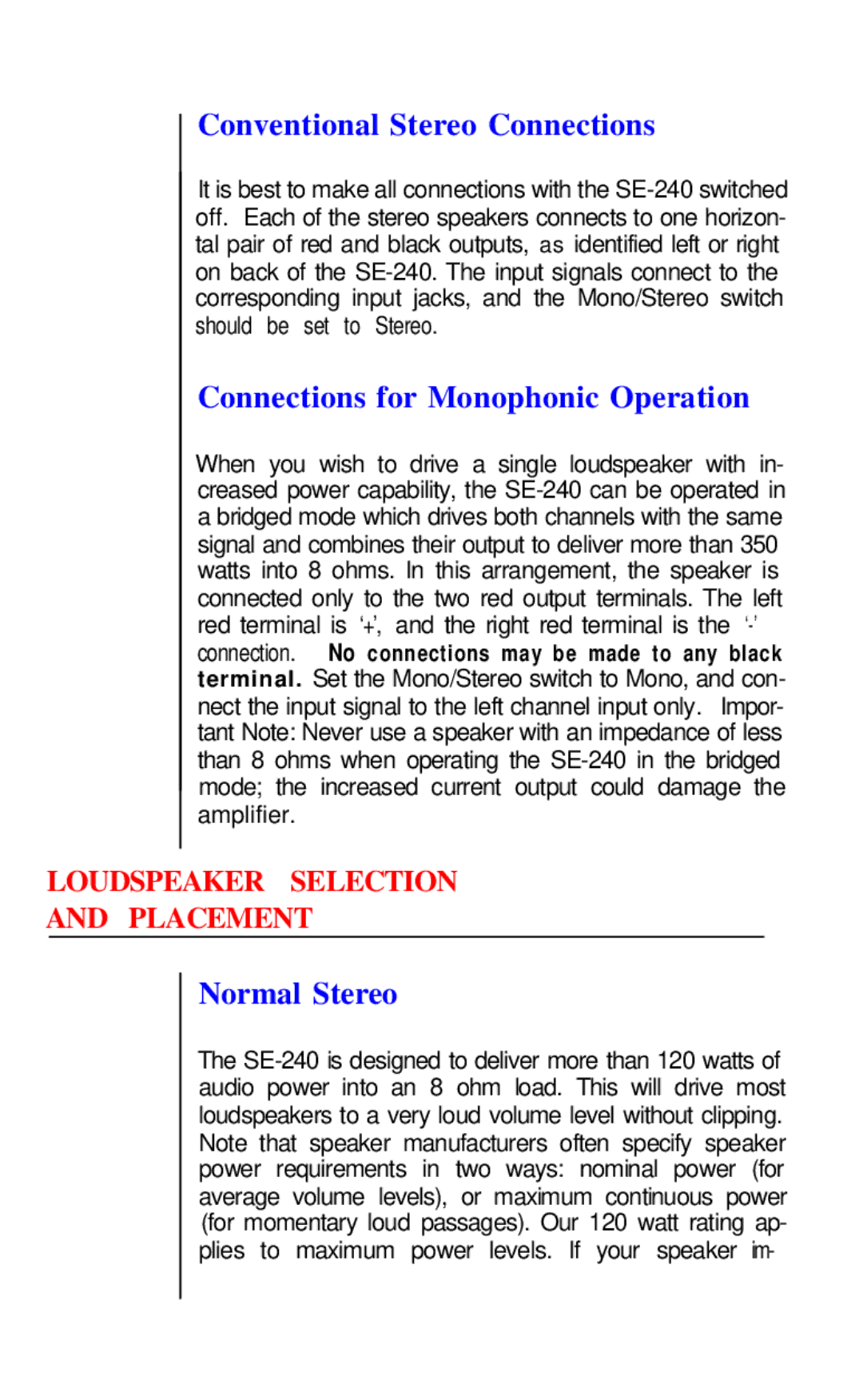 Hafler SE240 owner manual Conventional Stereo Connections, Connections for Monophonic Operation, Normal Stereo 