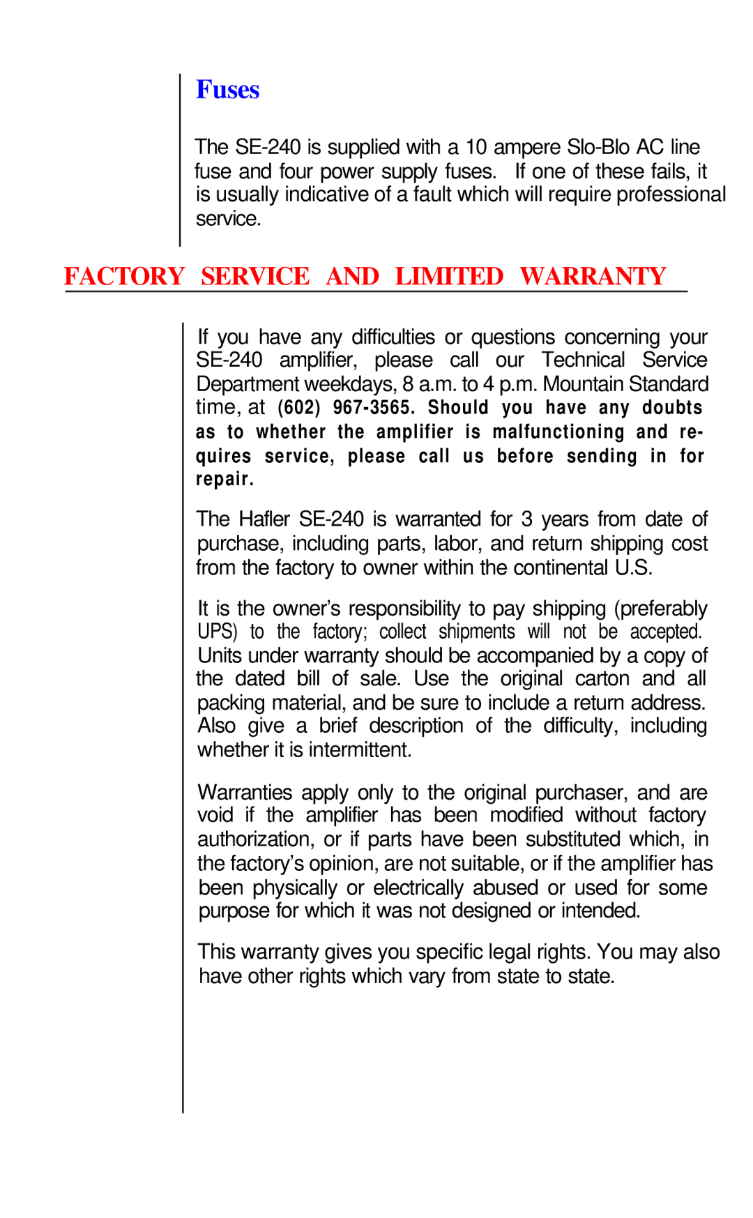 Hafler SE240 owner manual Fuses, Factory Service and Limited Warranty 