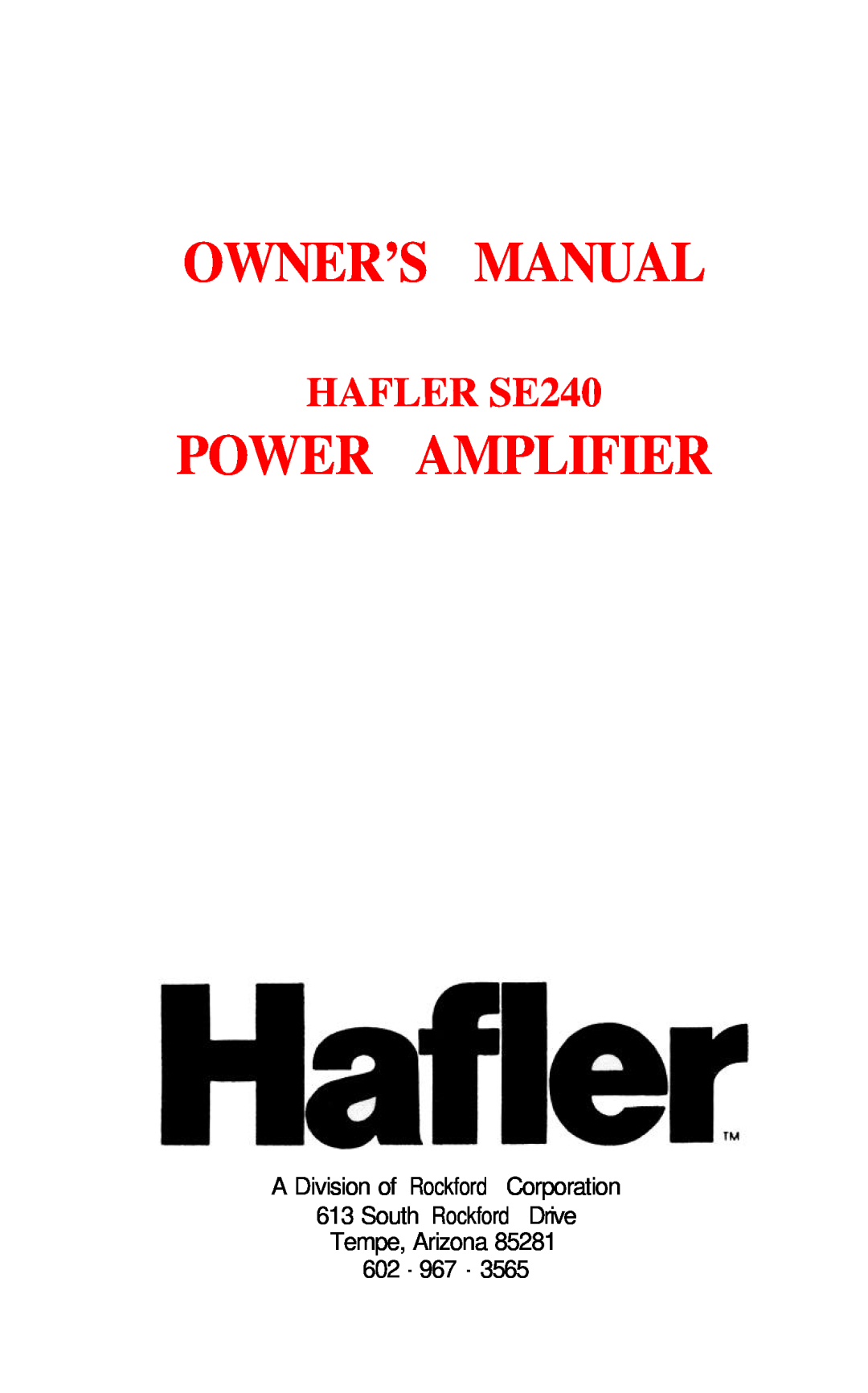 Hafler owner manual Power Amplifier, HAFLER SE240 