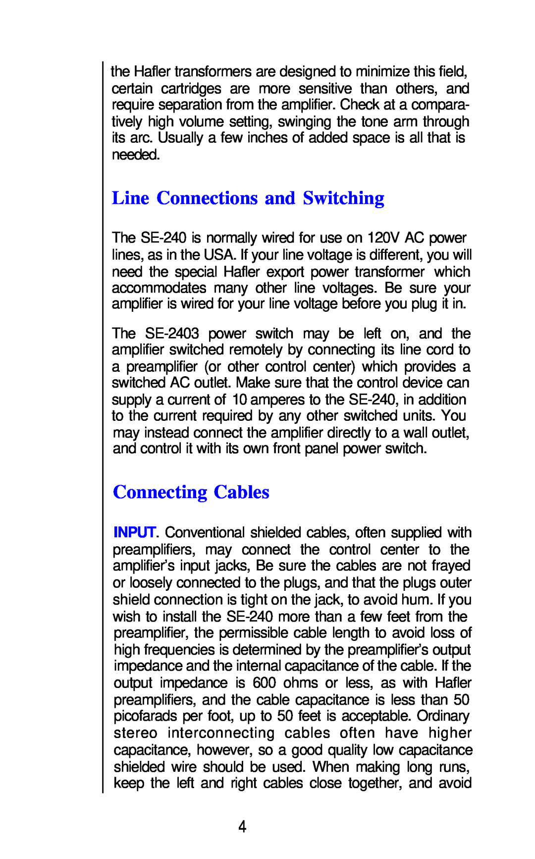 Hafler SE240 owner manual Line Connections and Switching, Connecting Cables 