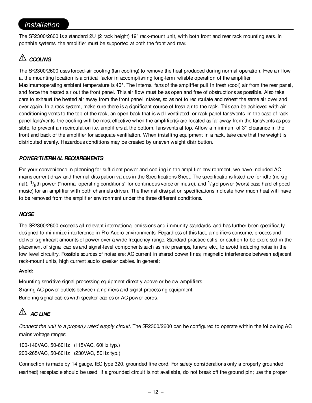 Hafler SR2300, SR2600 owner manual Installation, Cooling, POWER/THERMAL Requirements, Noise, AC Line 