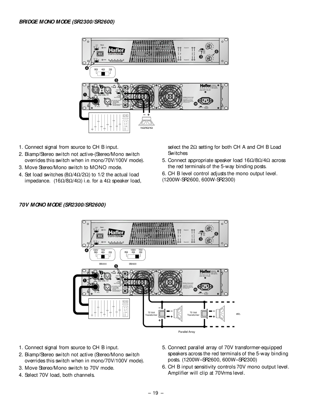 Hafler owner manual Bridge Mono Mode SR2300/SR2600, 70V Mono Mode SR2300/SR2600 