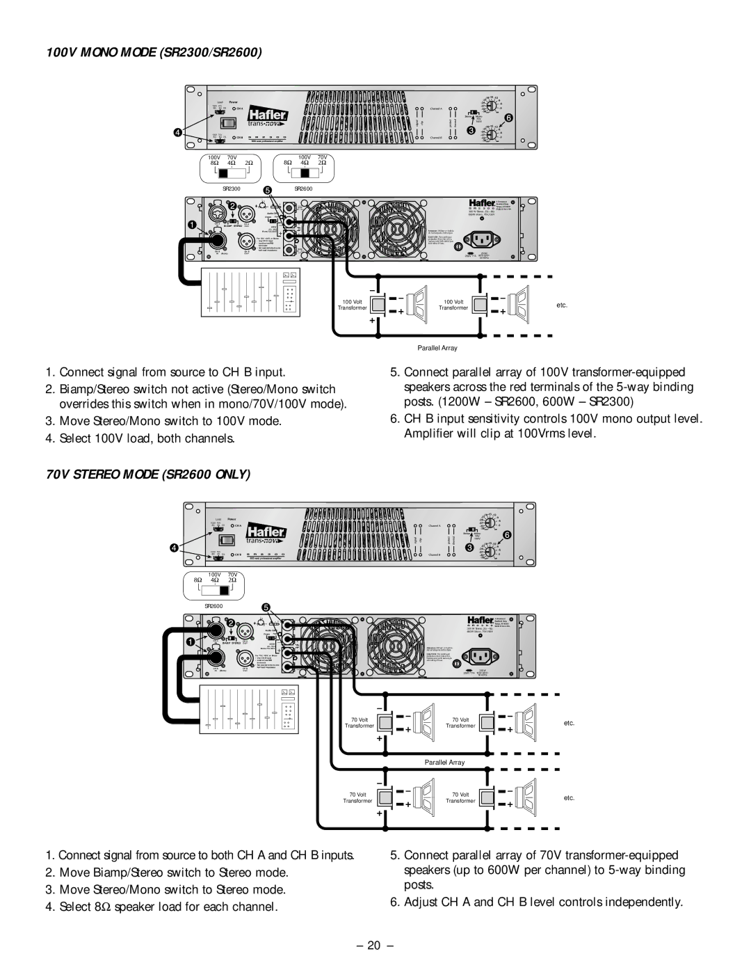 Hafler owner manual 100V Mono Mode SR2300/SR2600, 70V Stereo Mode SR2600 only 