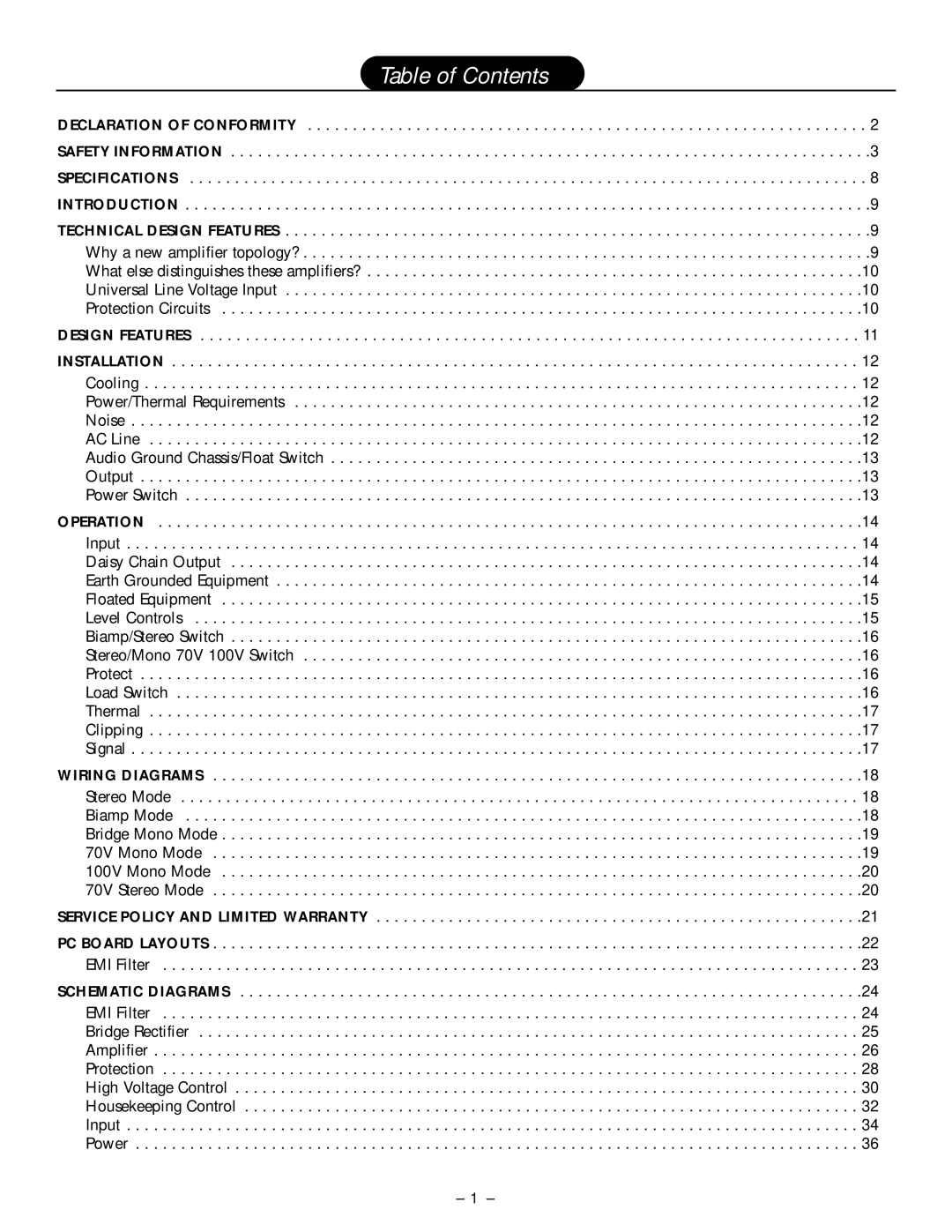 Hafler SR2600, SR2300 owner manual Table of Contents 