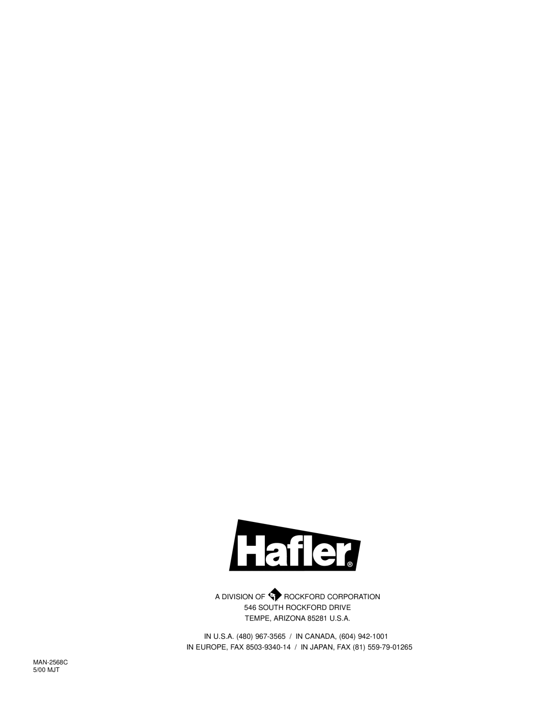 Hafler SR2300, SR2600 owner manual MAN-2568C 5/00 MJT 