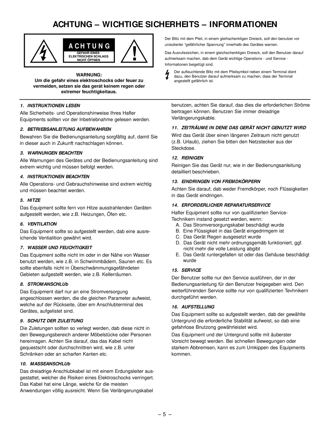 Hafler SR2600, SR2300 owner manual Achtung Wichtige Sicherheits Informationen 