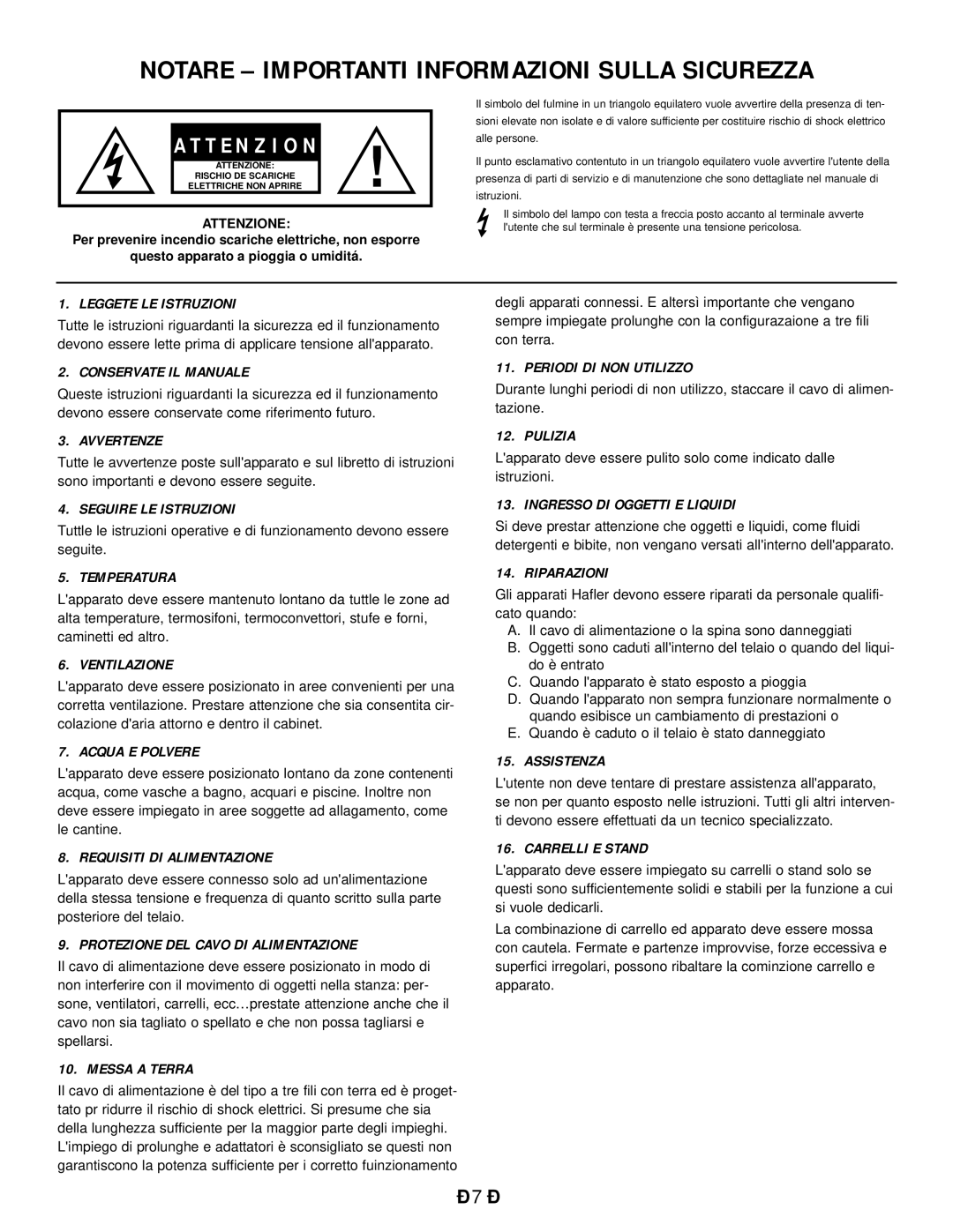 Hafler SR2600, SR2300 owner manual Notare Importanti Informazioni Sulla Sicurezza 