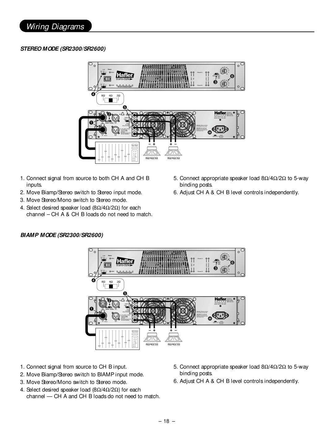 Hafler owner manual Wiring Diagrams, STEREO MODE SR2300/SR2600, BIAMP MODE SR2300/SR2600 