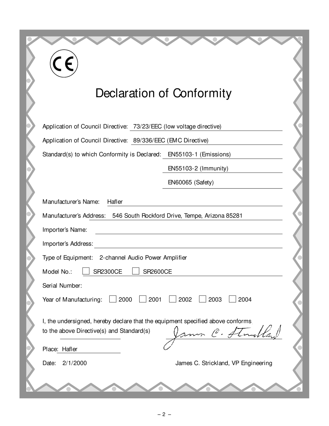 Hafler SR2300, SR2600 owner manual Declaration of Conformity 