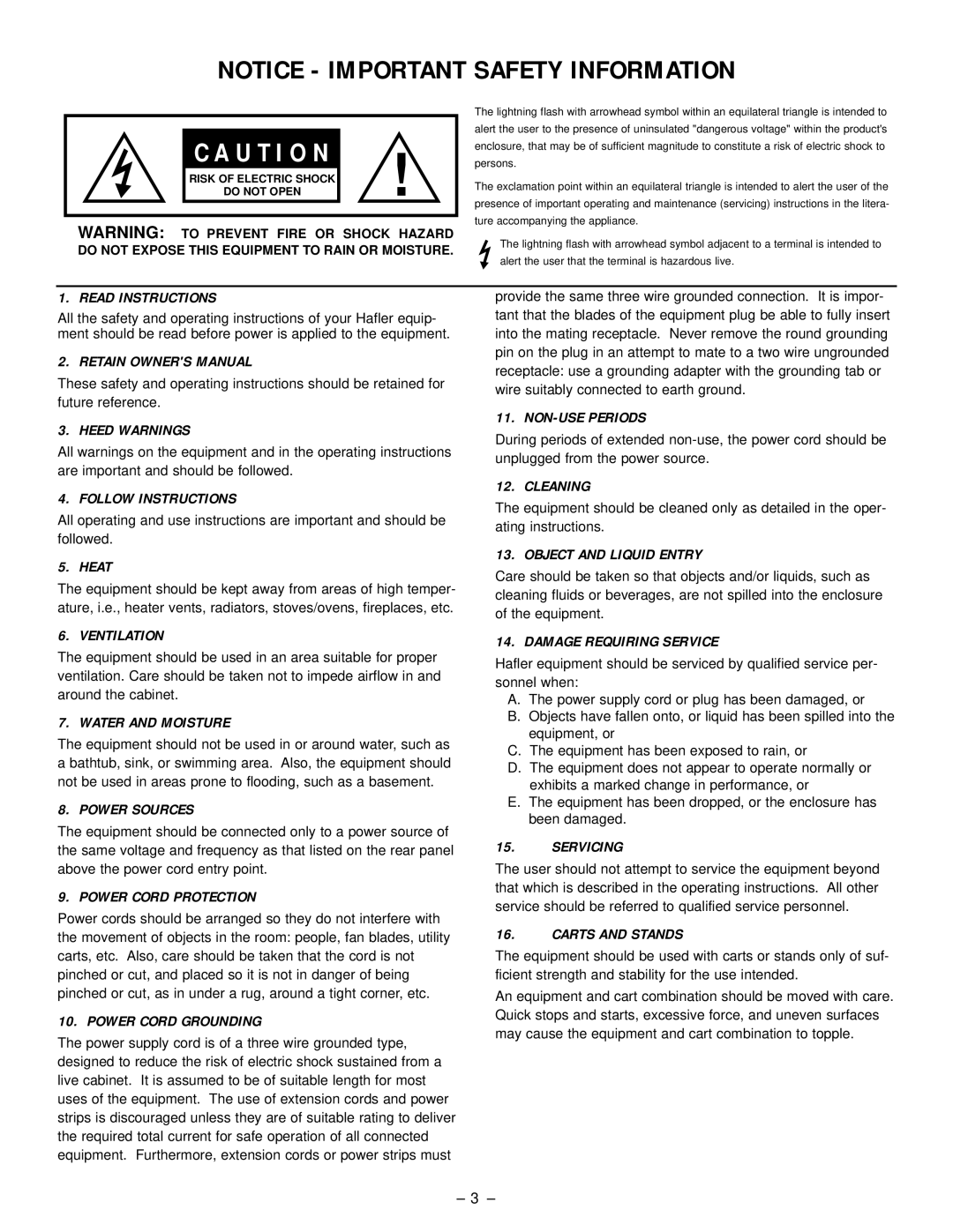 Hafler SR2600, SR2300 owner manual Notice - Important Safety Information, C A U T I O N 