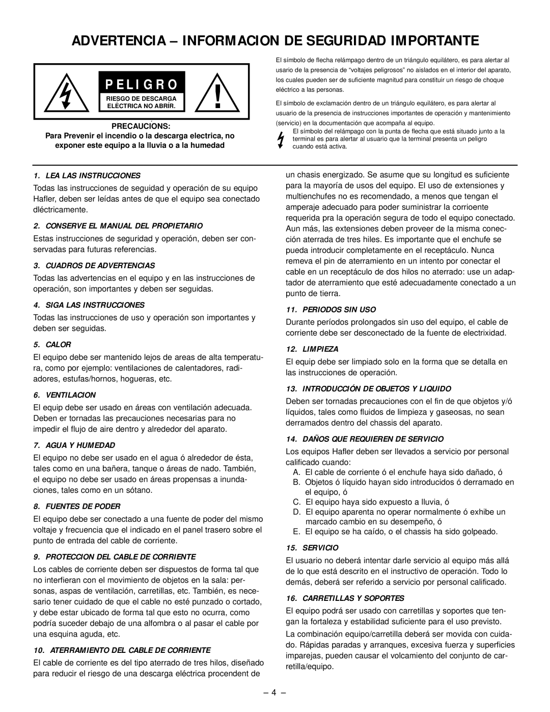 Hafler SR2300, SR2600 owner manual P E L I G R O, Advertencia - Informacion De Seguridad Importante 