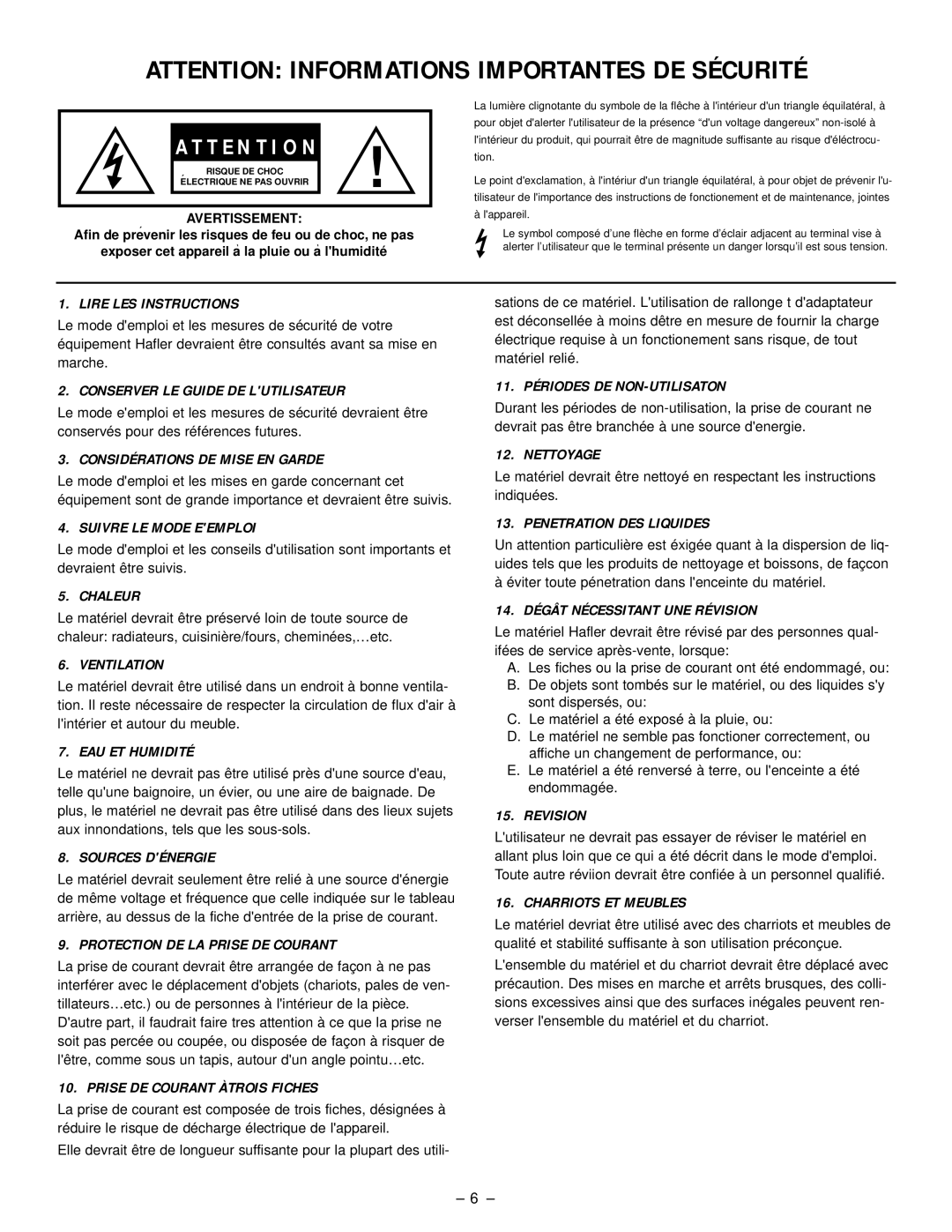 Hafler SR2300, SR2600 owner manual Attention Informations Importantes De Sécurité, A T T E N T I O N 