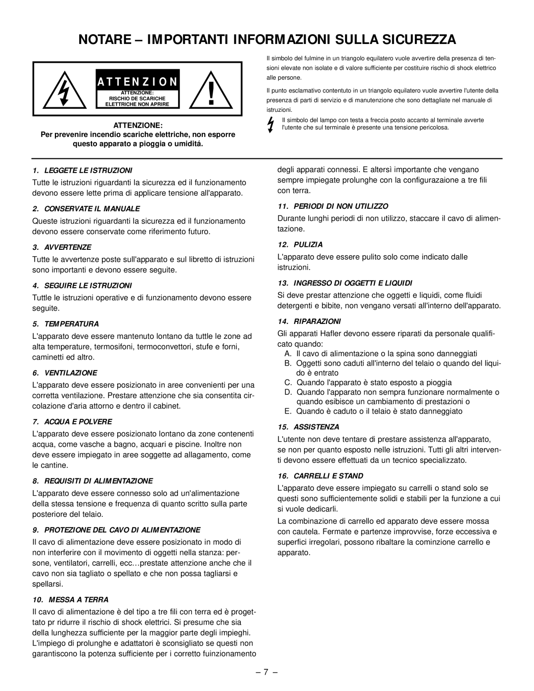 Hafler SR2600, SR2300 owner manual Notare - Importanti Informazioni Sulla Sicurezza, A T T E N Z I O N 