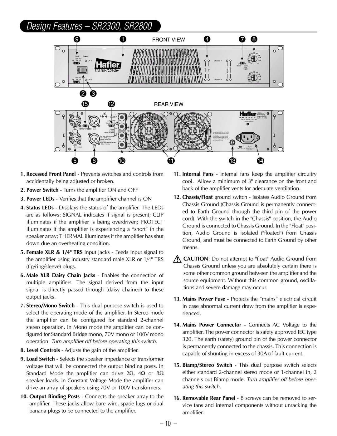 Hafler SR2300CE, SR2800CE owner manual Design Features SR2300, SR2800, Front View Rear View 