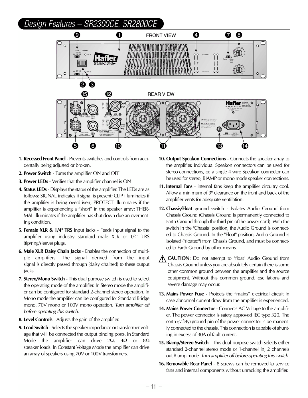 Hafler owner manual Design Features SR2300CE, SR2800CE 