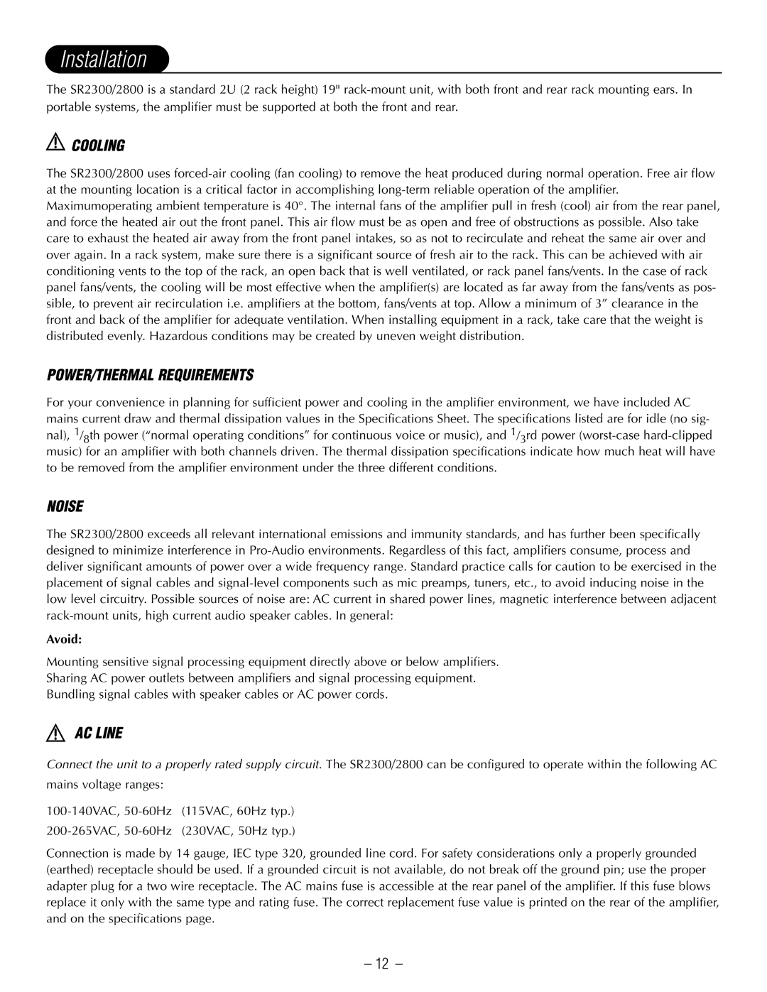 Hafler SR2800CE, SR2300CE owner manual Installation, Cooling, POWER/THERMAL Requirements, Noise, AC Line 