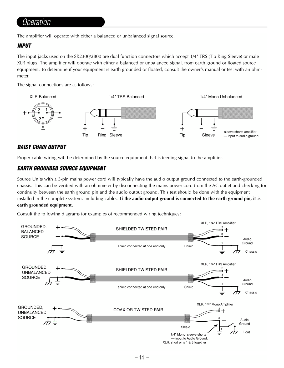 Hafler SR2800, SR2300CE Operation, Input, Daisy Chain Output, Earth Grounded Source Equipment, Earth grounded equipment 
