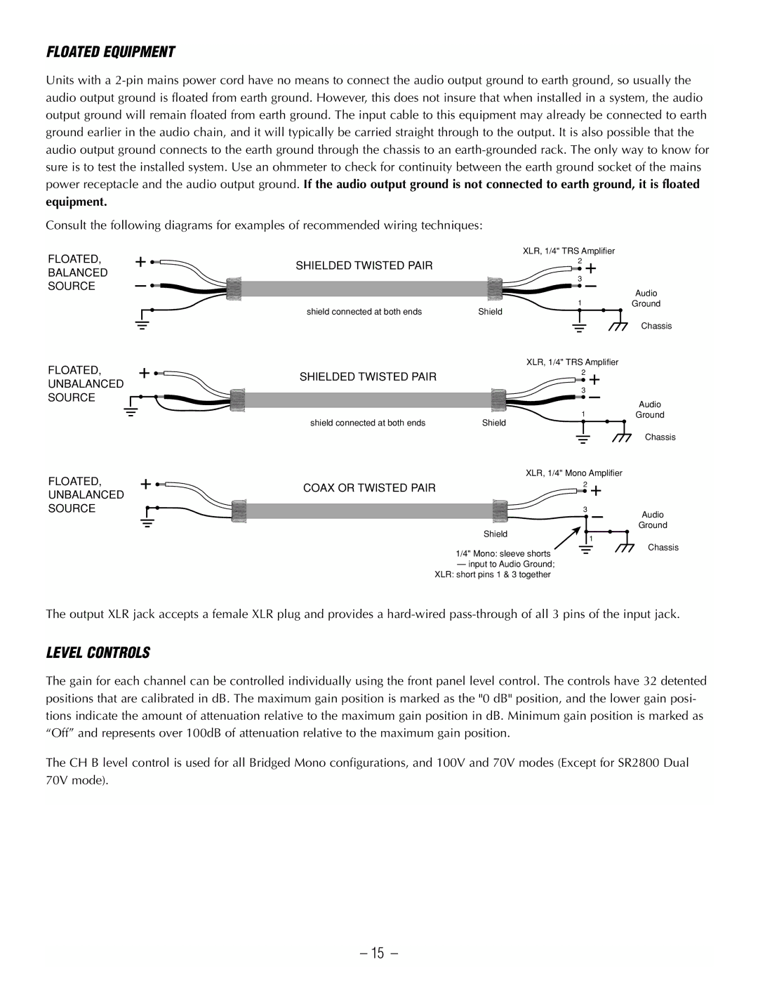 Hafler SR2800CE, SR2300CE owner manual Floated Equipment, Level Controls 