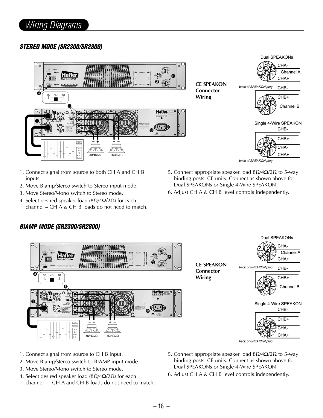 Hafler SR2800CE, SR2300CE Wiring Diagrams, Stereo Mode SR2300/SR2800, Biamp Mode SR2300/SR2800, Connector Wiring 