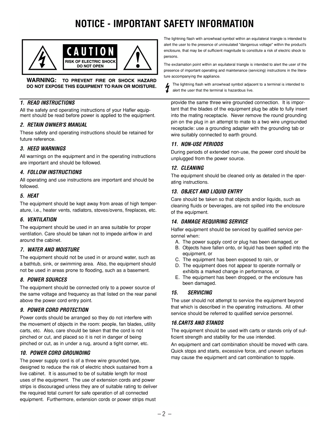 Hafler SR2800 Read Instructions, Heed Warnings, Follow Instructions, Heat, Ventilation, Water and Moisture, Power Sources 