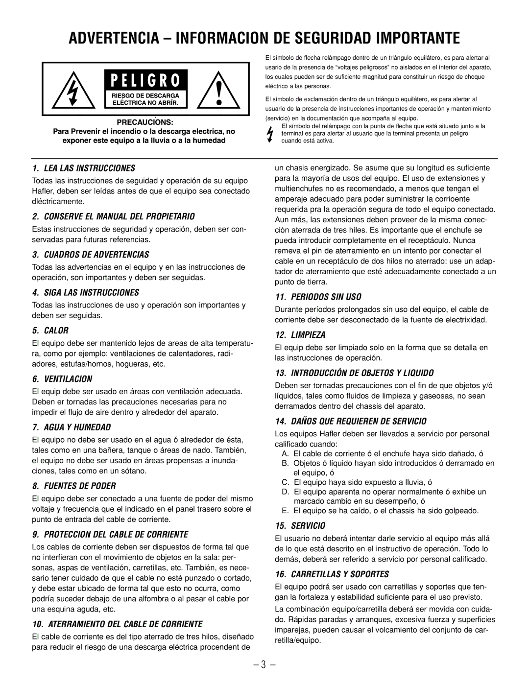 Hafler SR2800CE LEA LAS Instrucciones, Conserve EL Manual DEL Propietario, Cuadros DE Advertencias, Siga LAS Instrucciones 