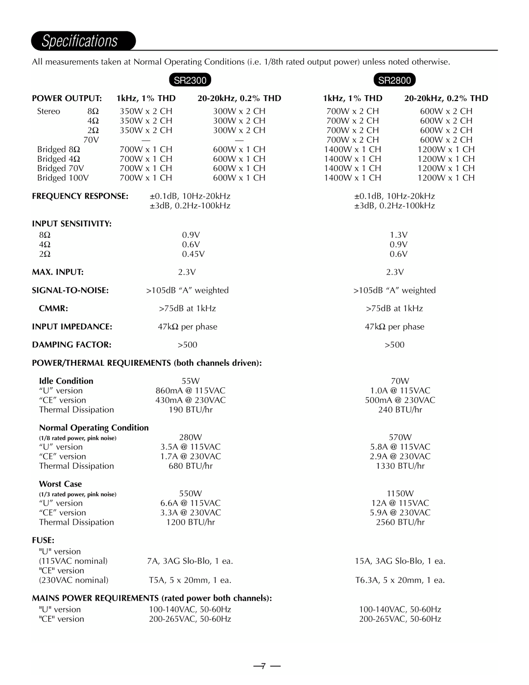 Hafler SR2300CE, SR2800CE owner manual Specifications 