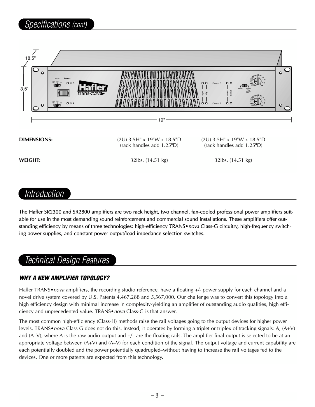 Hafler SR2800 Specifications cont, Introduction, Technical Design Features, Why A New Amplifier Topology?, Dimensions 