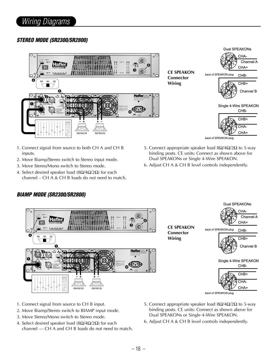 Hafler SR2800CE Wiring Diagrams, STEREO MODE SR2300/SR2800, BIAMP MODE SR2300/SR2800, CE SPEAKON Connector Wiring 